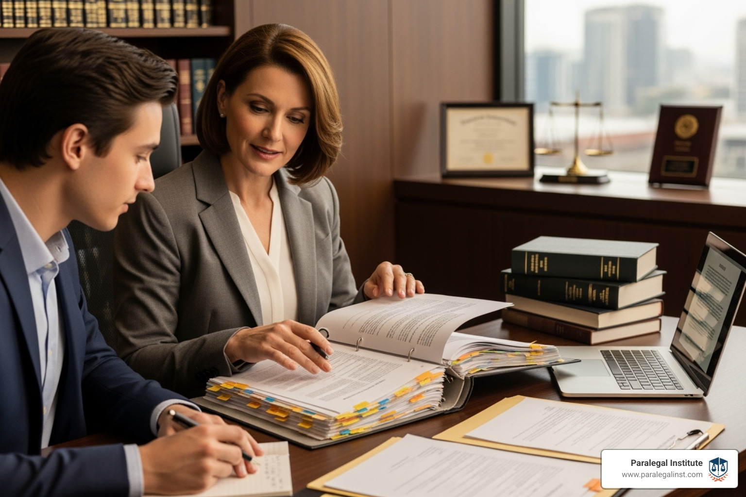 Paralegal mentor guiding an intern through a case file in an office - law office internships