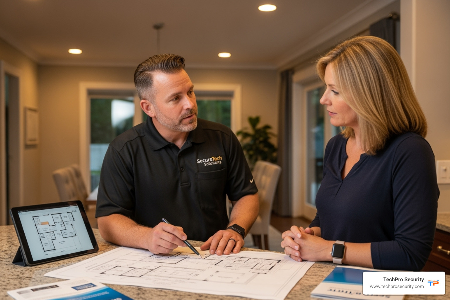 Professional security technician consulting with a homeowner, pointing at a blueprint. - security camera installation near me