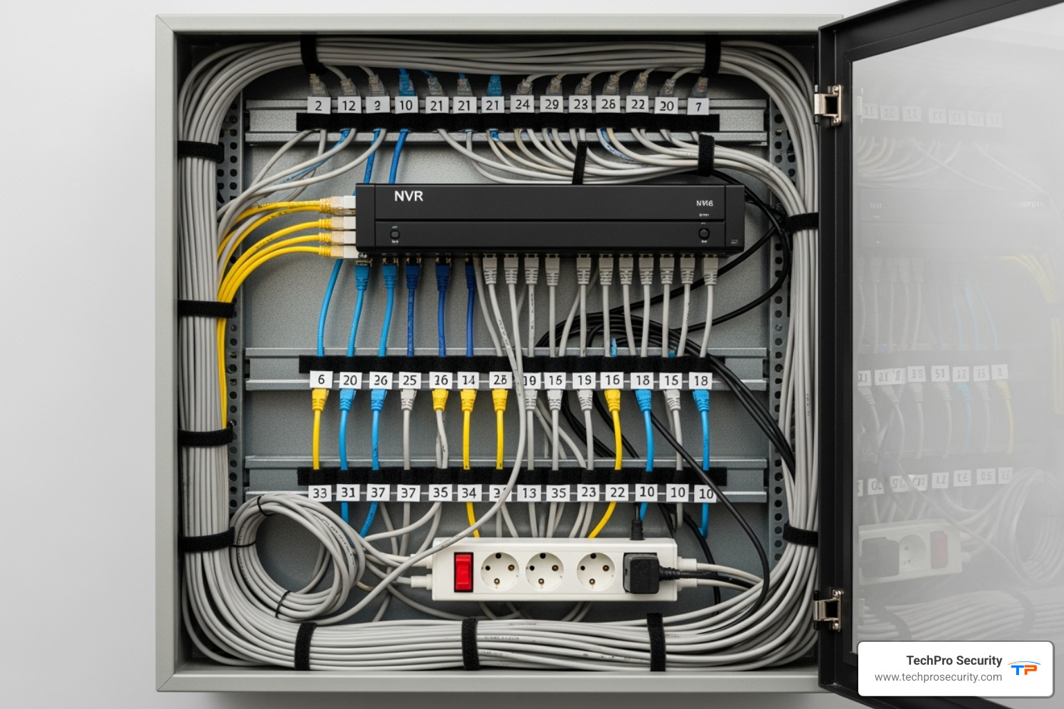 A clean, professional wiring job for a multi-camera system connected to an NVR. - security camera installation near me