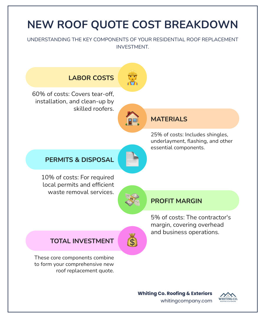 Breakdown of residential roof replacement costs showing 60% labor, 25% materials, 10% permits and disposal, and 5% profit margin - new roof quotes infographic 