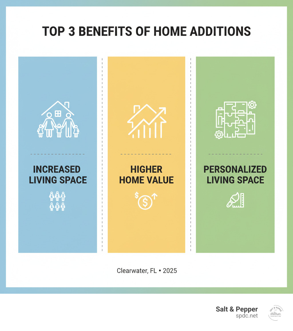 Infographic showing the top 3 benefits of home additions: increased living space with family icons, higher home value with upward trending house price graph, and personalized living space with customizable room layouts - Room additions Clearwater FL infographic Infographic showing the top 3 benefits of home additions: increased living space with family icons, higher home value with upward trending house price graph, and personalized living space with customizable room layouts - Room additions Clearwater FL infographic