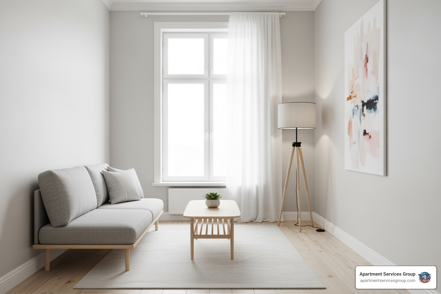 A small, brightly lit living room painted in a light, neutral color, featuring minimalist furniture, giving the impression of spaciousness. - apartment unit painting