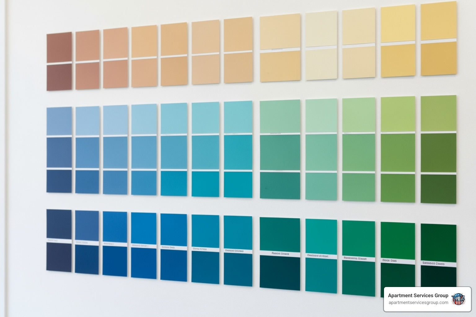 Various paint color swatches displayed on a white wall, showcasing different shades of neutrals, blues, and greens. - apartment unit painting