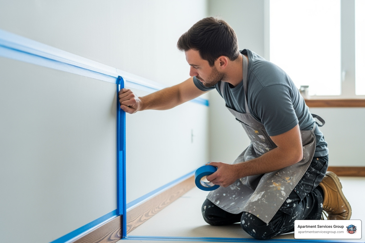 A professional painter carefully taping off the baseboards and edges of a wall, ensuring crisp lines and protecting surrounding surfaces. - apartment unit painting