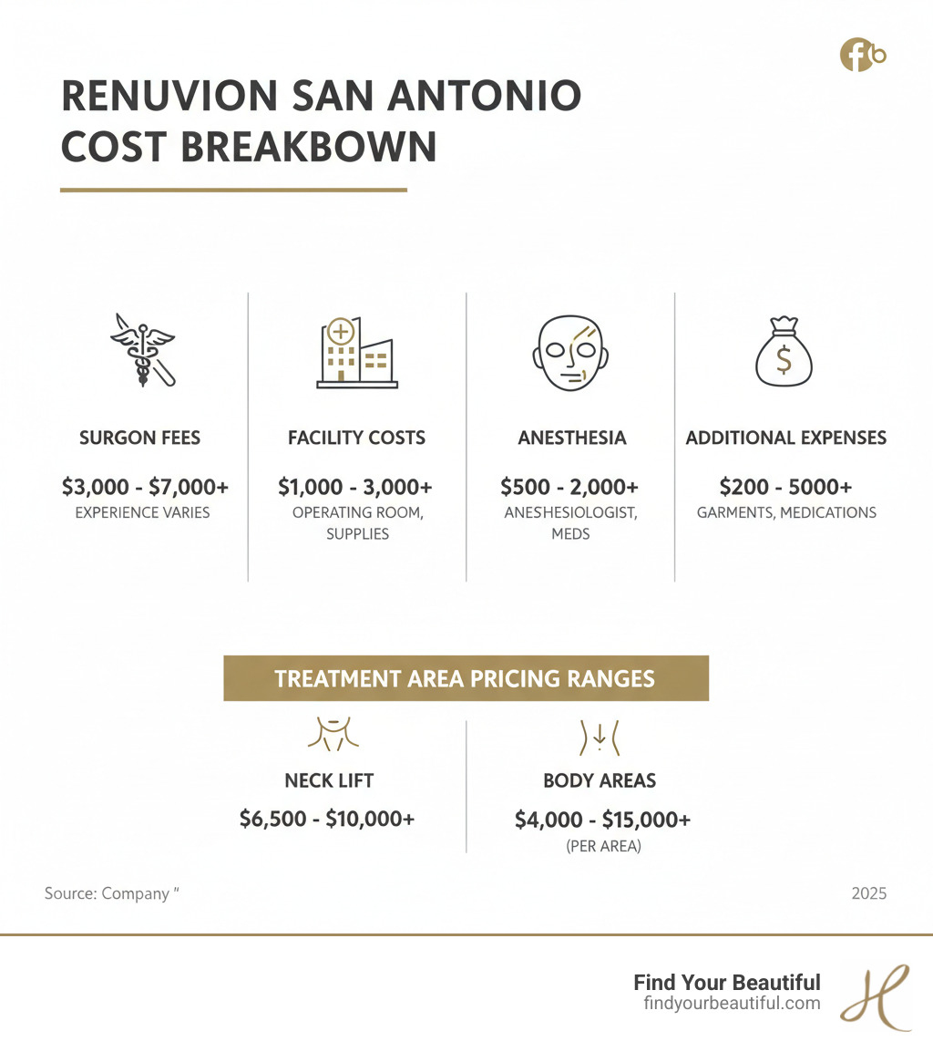 Comprehensive breakdown of Renuvion costs in San Antonio including surgeon fees, facility costs, anesthesia, and additional expenses with treatment area pricing ranges - renuvion san antonio cost infographic 