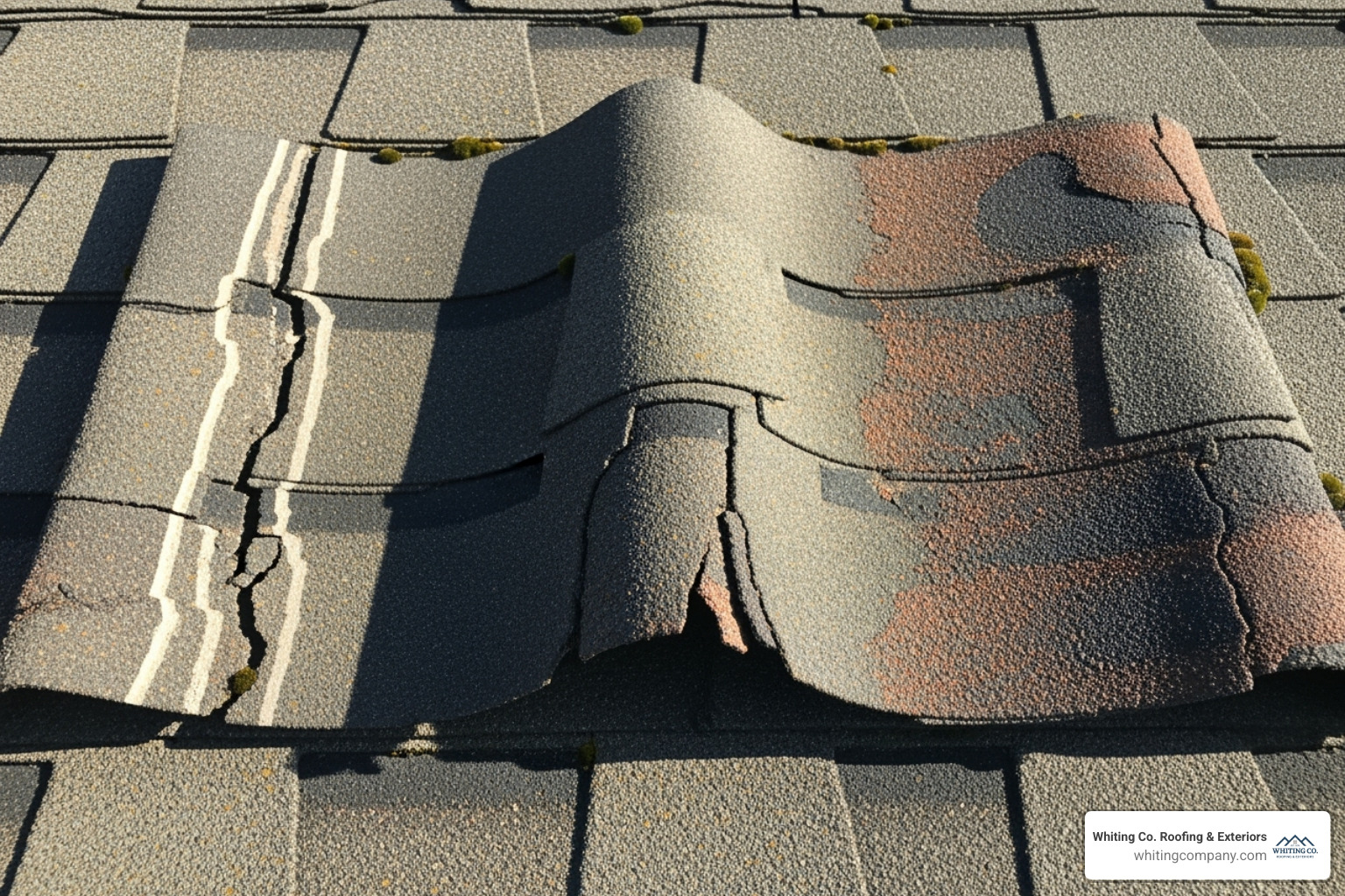 Close-up of different types of shingle damage including curled edges, a visible crack, and an area with significant granule loss - Shingle roof repair