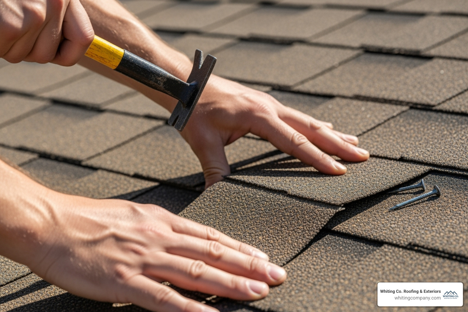Step-by-step graphic illustrating how to replace a single damaged asphalt shingle, showing lifting adjacent shingles, removing nails, sliding out the old shingle, inserting a new one, and re-nailing. - Shingle roof repair