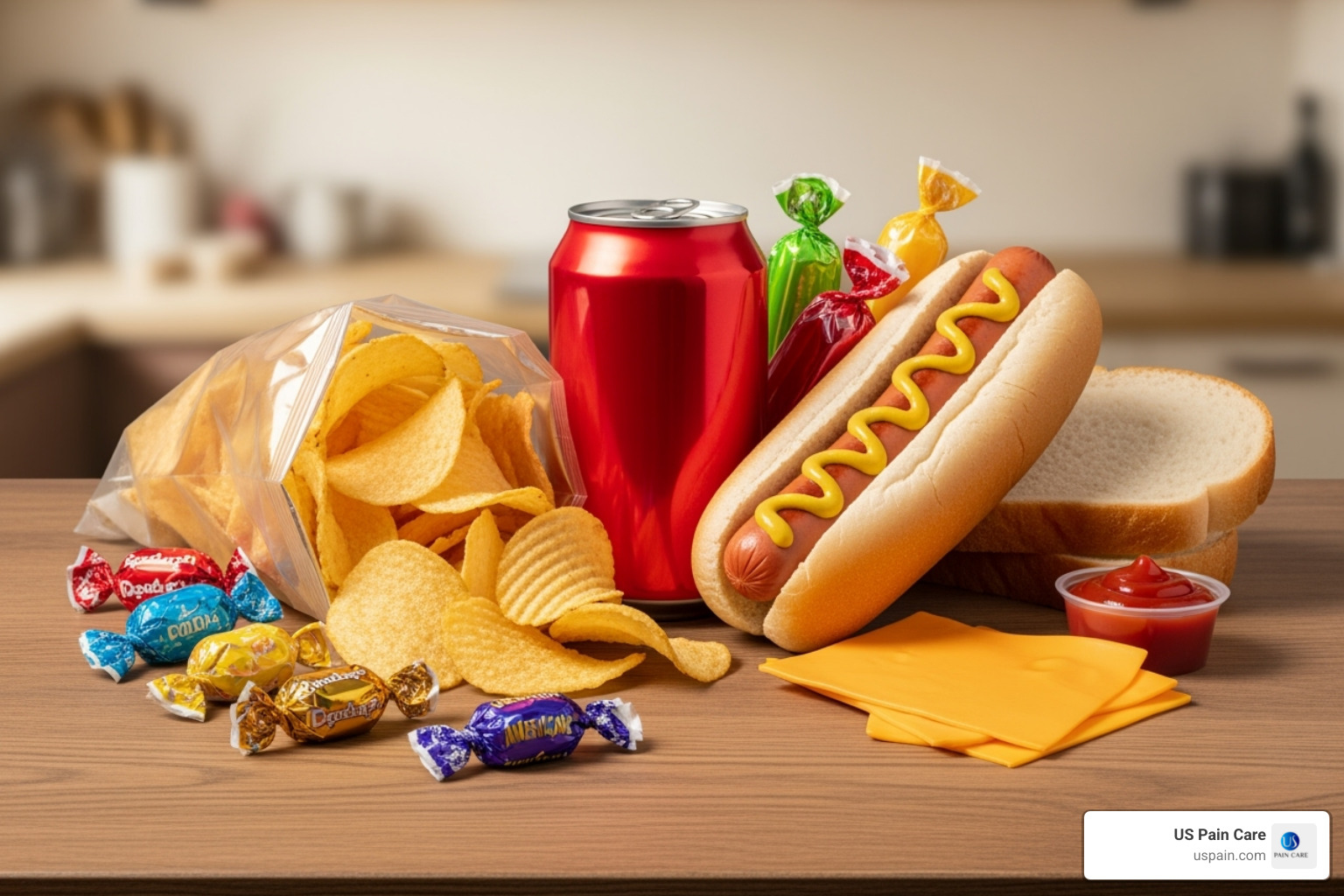 A collage of common processed foods including soda, potato chips, and hot dogs - best anti-inflammatory foods A collage of common processed foods including soda, potato chips, and hot dogs - best anti-inflammatory foods
