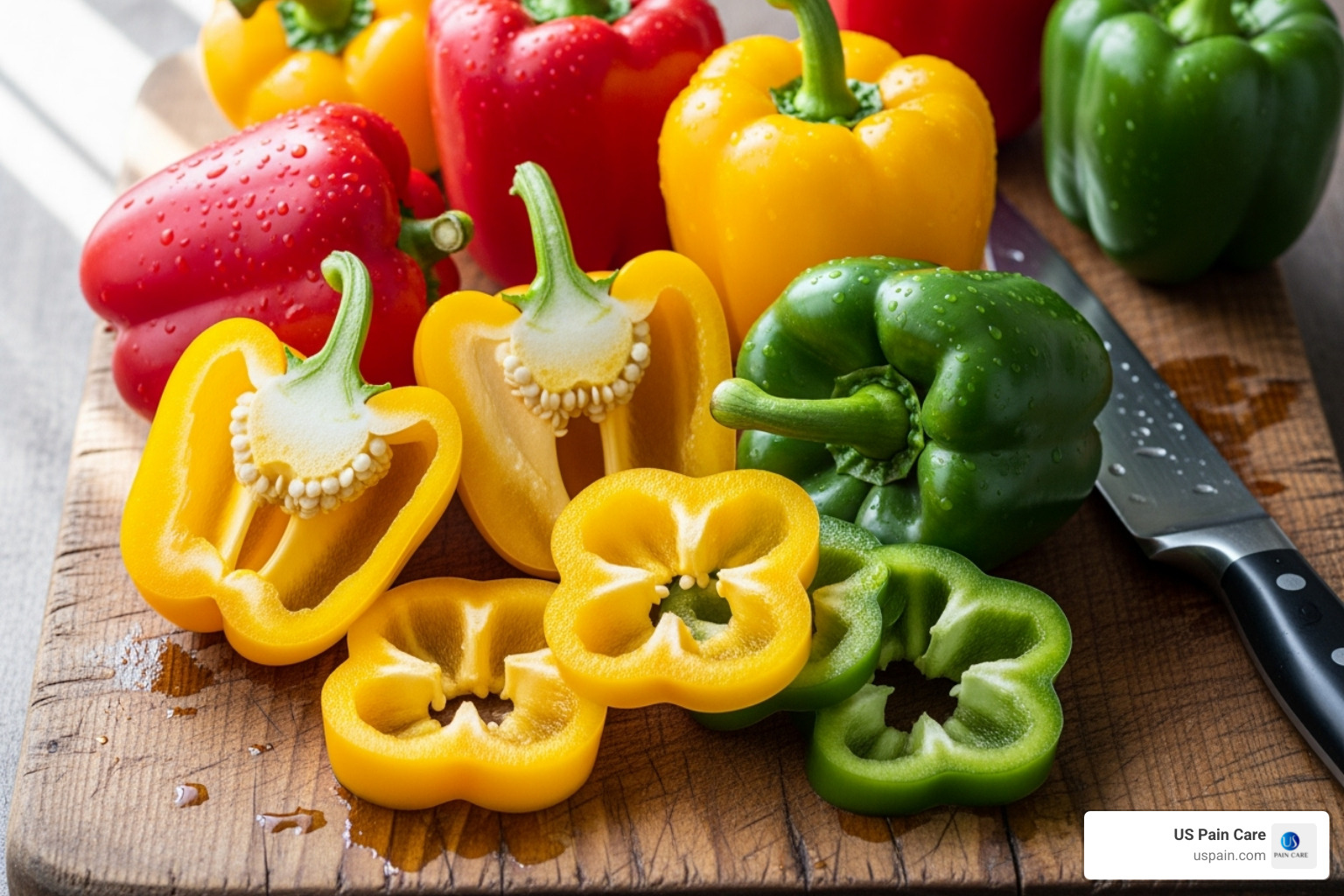 A vibrant assortment of red, yellow, and green bell peppers on a cutting board - best anti-inflammatory foods A vibrant assortment of red, yellow, and green bell peppers on a cutting board - best anti-inflammatory foods