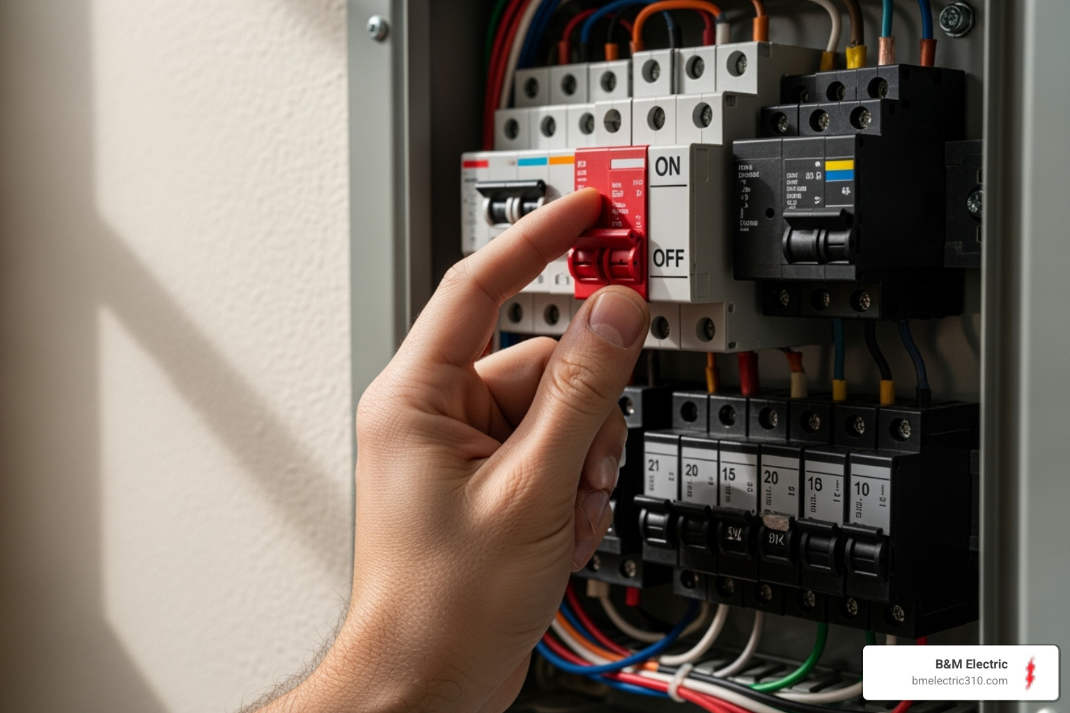 person flipping a circuit breaker back on - Wiring light fixtures