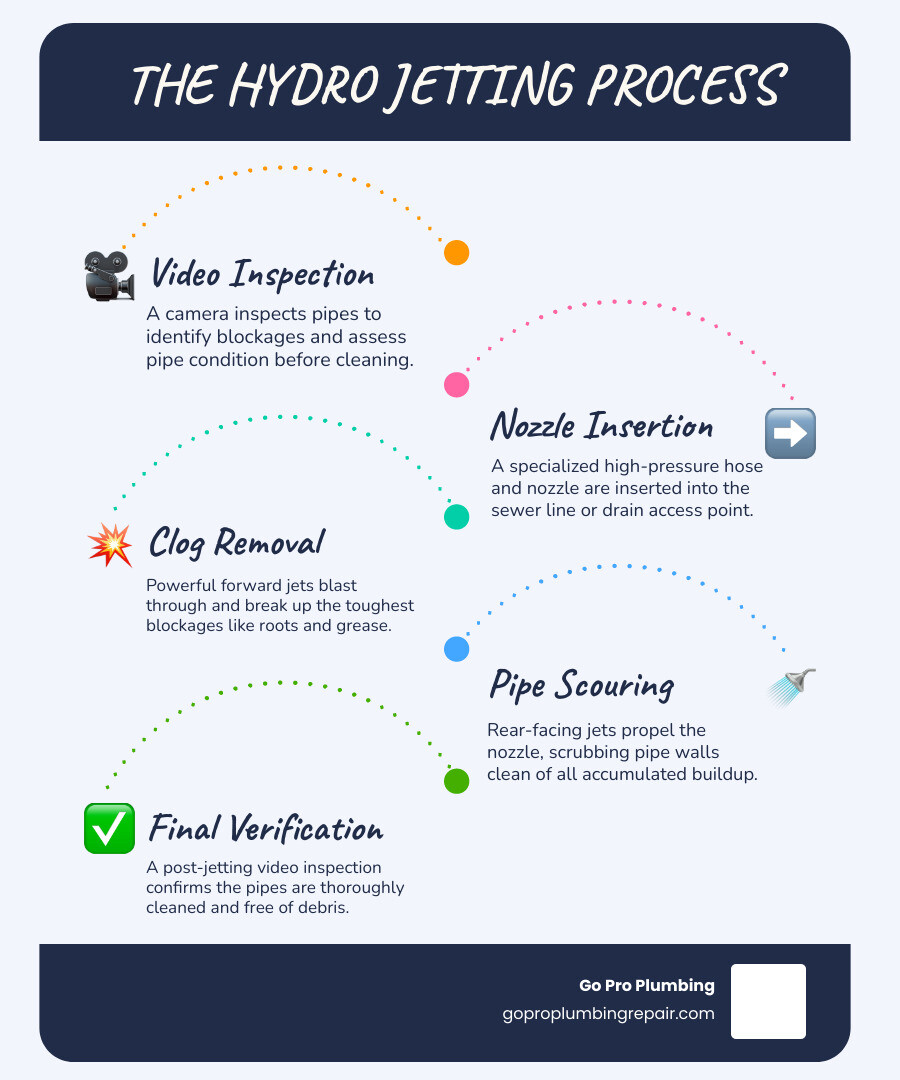Detailed infographic showing the hydro jetting process: video inspection of pipes, high-pressure water nozzle insertion, forward jets breaking up clogs, reverse jets cleaning pipe walls, and final verification inspection, with pressure readings and before/after pipe condition comparison - hydro jetting Sacramento CA infographic infographic-line-5-steps-blues-accent_colors