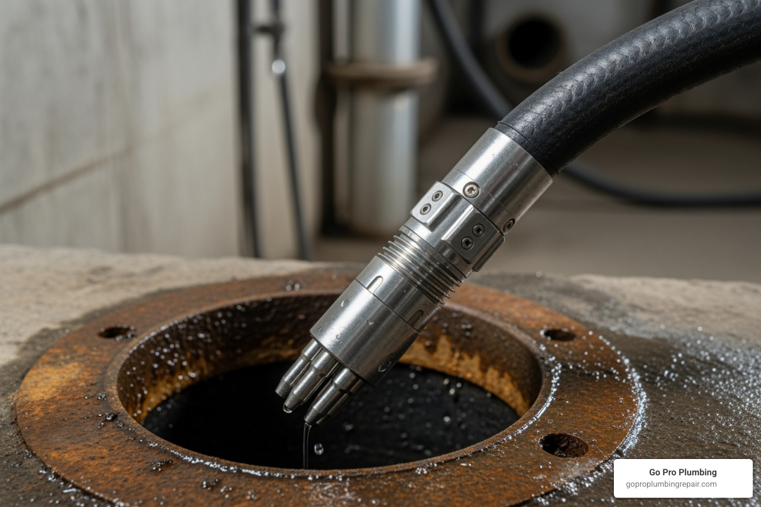 A professional hydro jetting nozzle and hose being inserted into a pipe access point - hydro jetting Sacramento CA