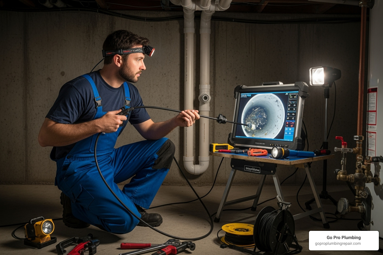 A professional plumbing technician performing a video camera inspection of a pipe, showing the interior on a monitor - hydro jetting Sacramento CA