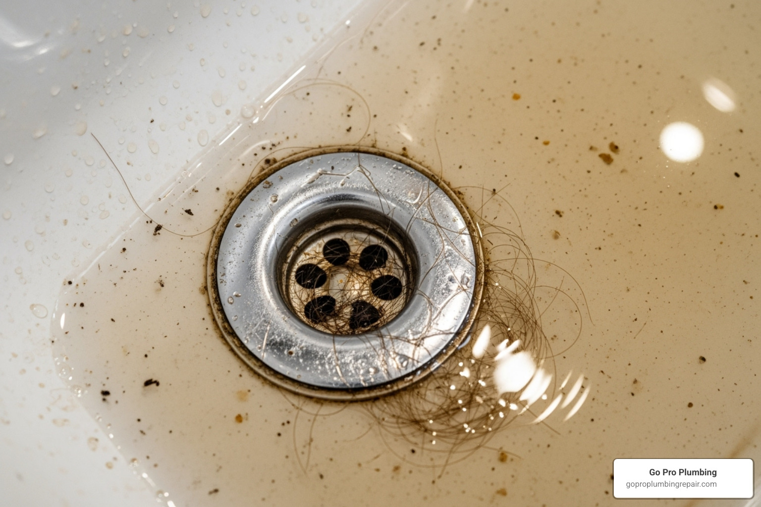 A shower drain with dirty water backed up, indicating a severe clog - hydro jetting Sacramento CA