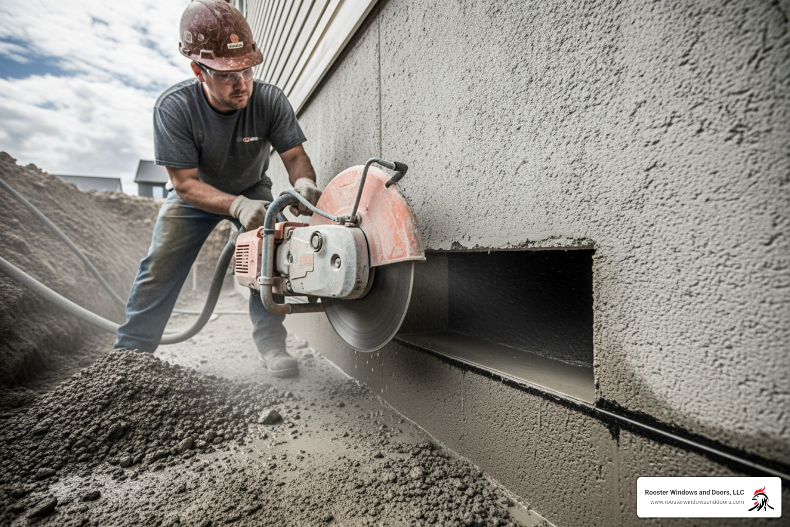 Professional cutting a precise opening in a concrete foundation wall - Egress Window Installation