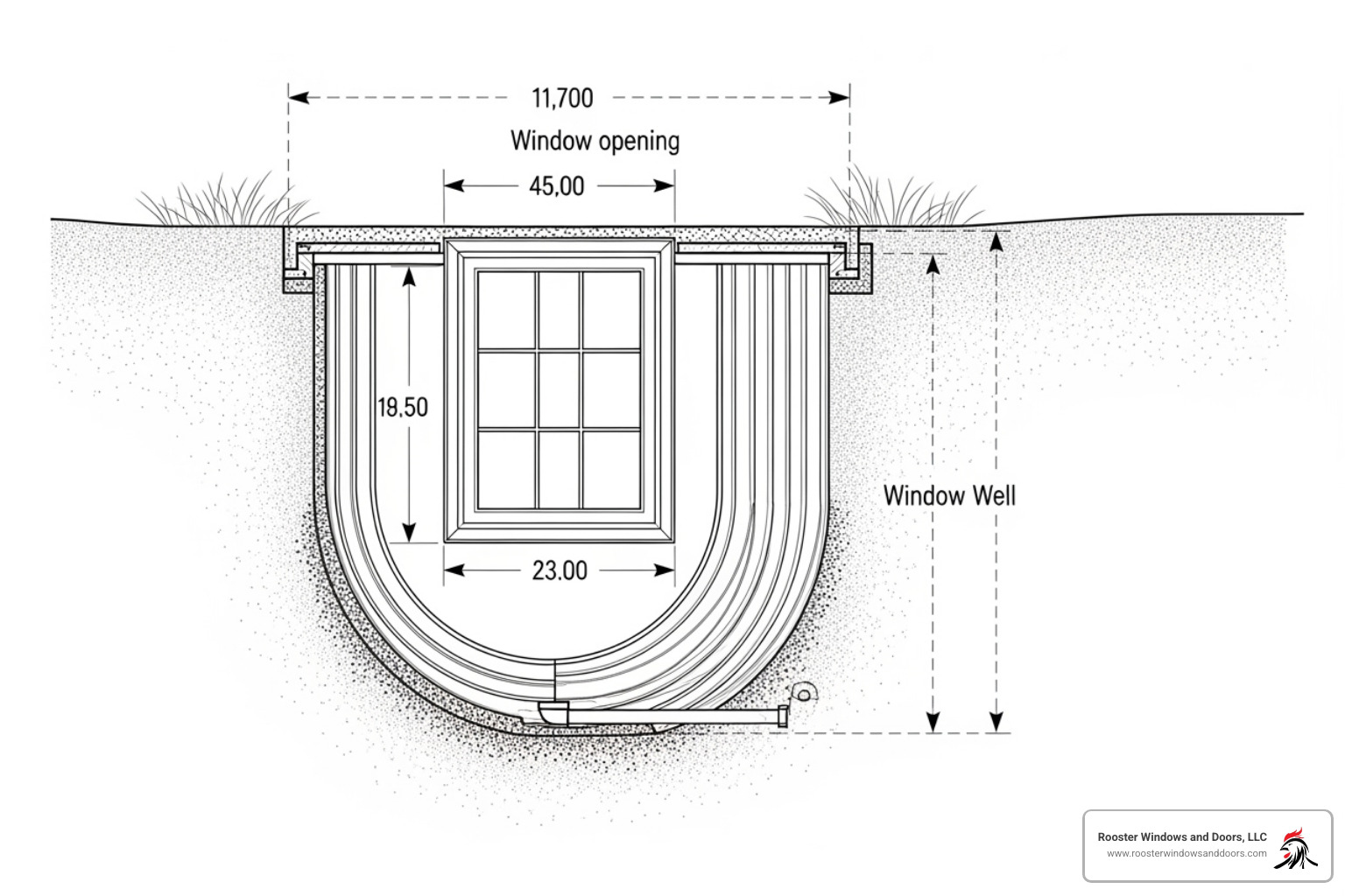 Diagram showing egress window code requirements for sill height, opening size, and well dimensions - Egress Window Installation
