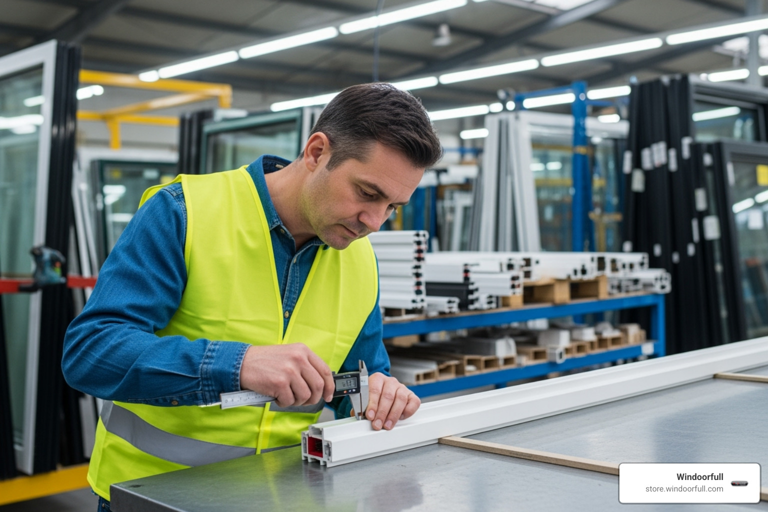 quality control inspector examining a uPVC window profile - imported uPVC windows quality control inspector examining a uPVC window profile - imported uPVC windows