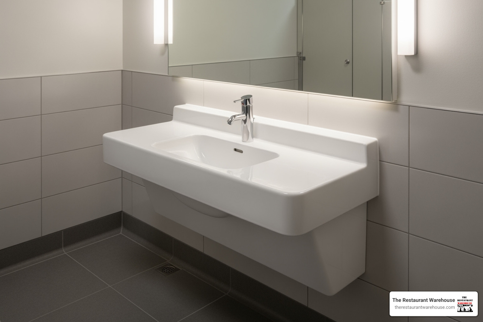 ADA-compliant commercial hand wash basin setup with clear labels pointing to the touchless faucet, knee clearance, and proper mounting height - commercial hand wash basin