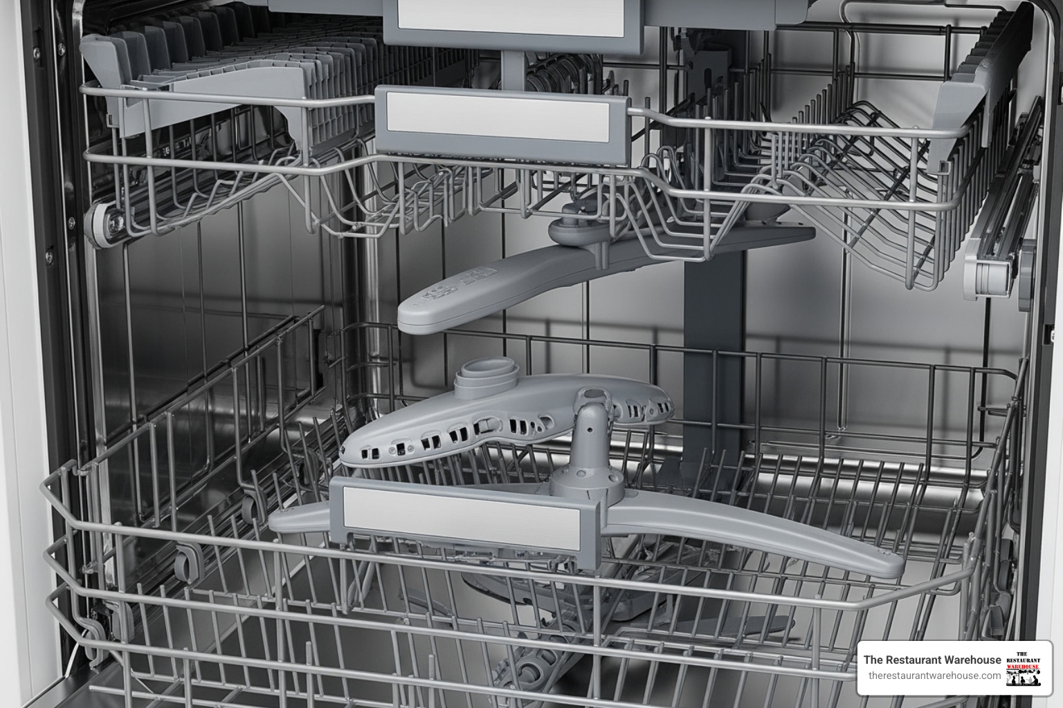 interior of a dishwasher highlighting advanced spray arms and a third rack - energy star dishwasher