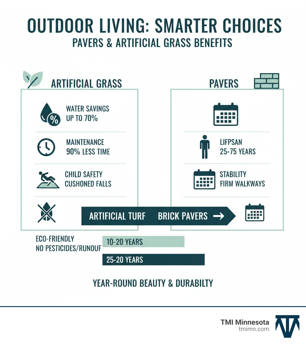 Comprehensive benefits comparison infographic showing pavers and fake grass advantages including water savings of up to 70%, maintenance time reduction of 90%, lifespan comparison between artificial turf (10-20 years) versus brick pavers (25-75 years), safety benefits for children, and environmental impact reduction through elimination of pesticides and chemical runoff - pavers and fake grass infographic 
