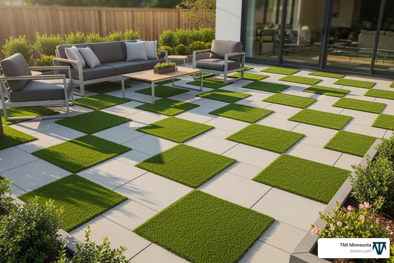 Checkerboard pattern patio with pavers and artificial turf - pavers and fake grass