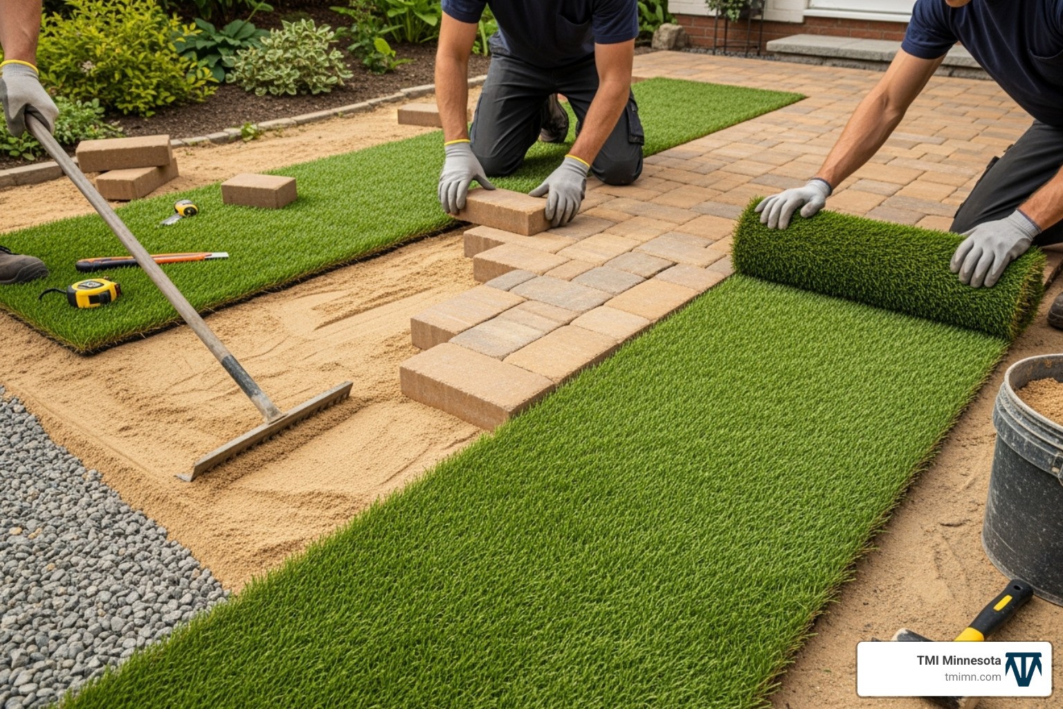 Installation process showing base layer, pavers, and turf strips being laid - pavers and fake grass