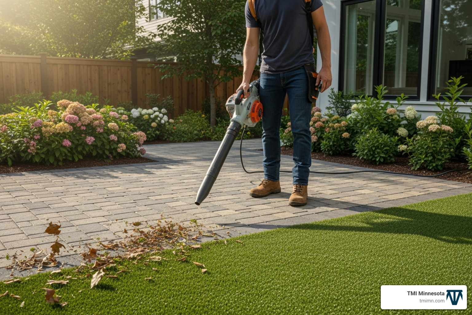 Person easily cleaning their paver and turf patio with a leaf blower - pavers and fake grass