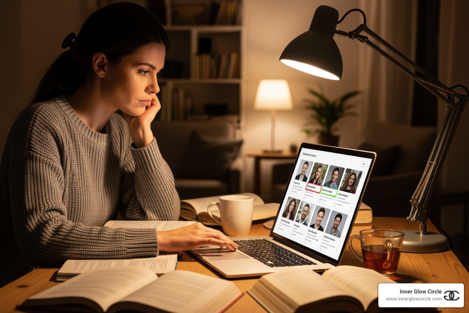 woman thoughtfully reviewing coach profiles on a laptop - Women's personal coach