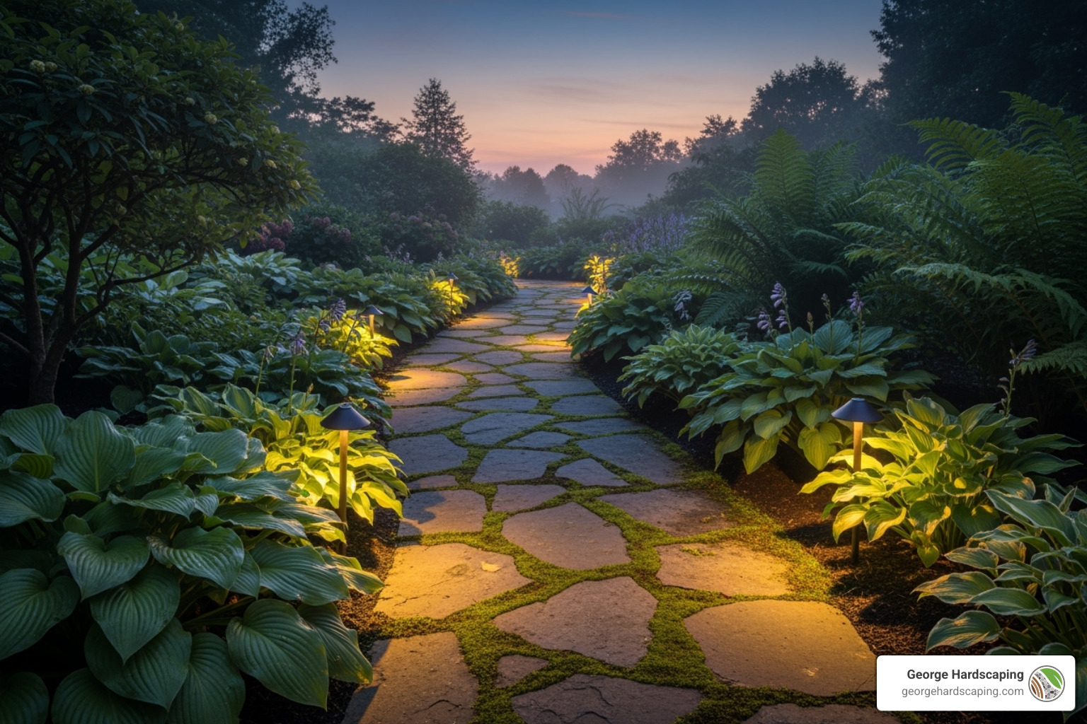 winding stone walkway at dusk, illuminated by subtle, low-voltage path lights and bordered by lush, green hostas and ferns - walkway design tips winding stone walkway at dusk, illuminated by subtle, low-voltage path lights and bordered by lush, green hostas and ferns - walkway design tips