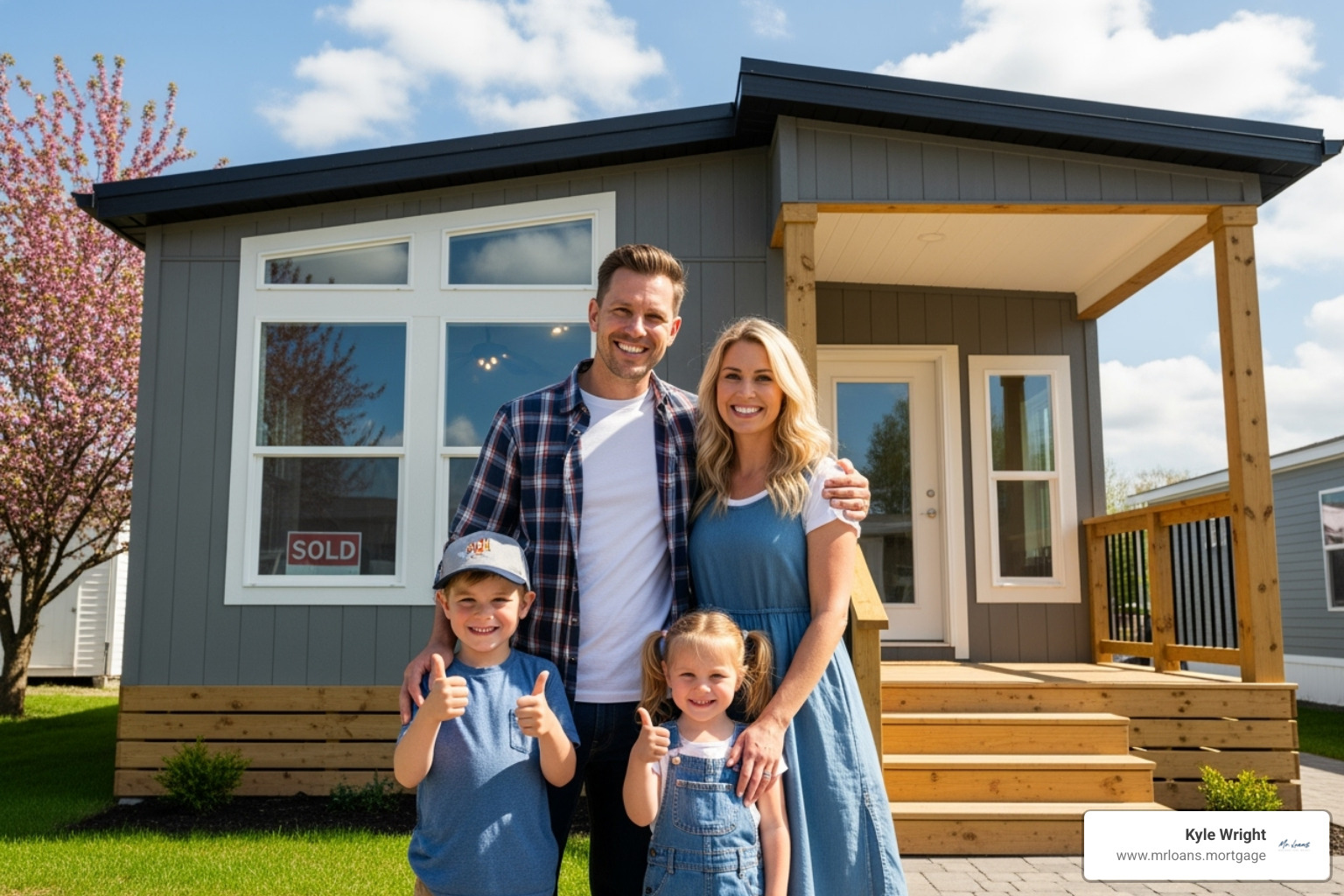 family standing in front of their new manufactured home - mobile home lenders in arizona