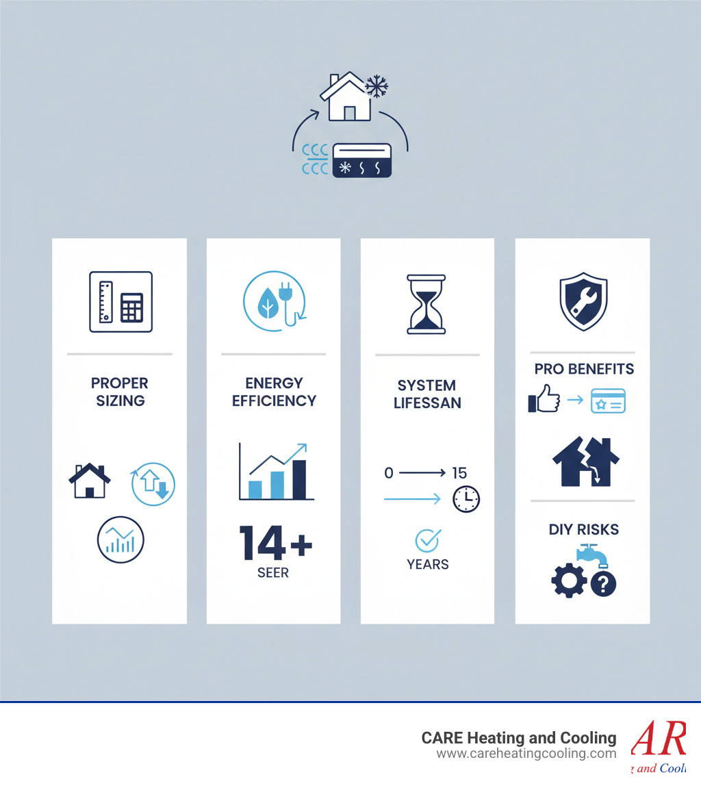 Professional AC installation process showing proper sizing calculations, energy efficiency ratings, system lifespan expectations, and key benefits of professional installation versus DIY attempts - ac installation new albany infographic  Professional AC installation process showing proper sizing calculations, energy efficiency ratings, system lifespan expectations, and key benefits of professional installation versus DIY attempts - ac installation new albany infographic