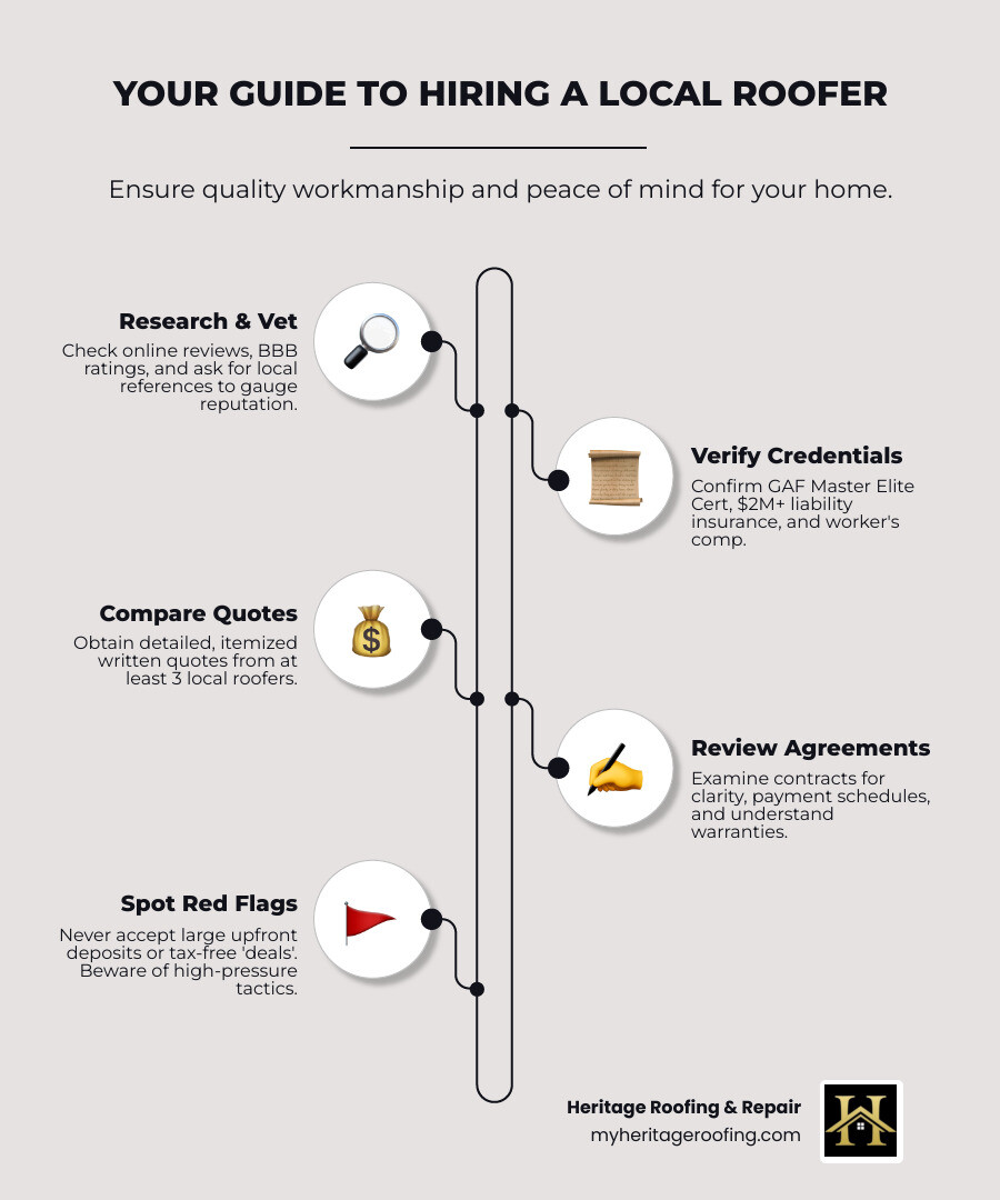 Infographic showing the complete process of finding and hiring local residential roofers, including steps for research and vetting contractors, checking credentials like GAF Master Elite certification and insurance coverage, getting multiple written quotes, verifying references, understanding contracts and warranties, and red flags to avoid such as large upfront payments and door-to-door solicitations - local residential roofers infographic infographic-line-5-steps-neat_beige Infographic showing the complete process of finding and hiring local residential roofers, including steps for research and vetting contractors, checking credentials like GAF Master Elite certification and insurance coverage, getting multiple written quotes, verifying references, understanding contracts and warranties, and red flags to avoid such as large upfront payments and door-to-door solicitations - local residential roofers infographic infographic-line-5-steps-neat_beige
