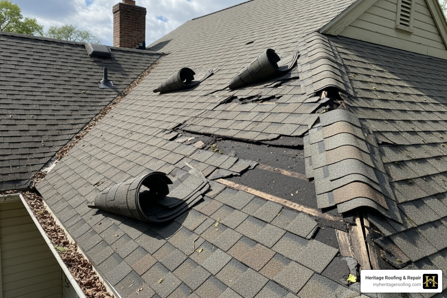 of curling and missing asphalt shingles on a roof. - local residential roofers of curling and missing asphalt shingles on a roof. - local residential roofers