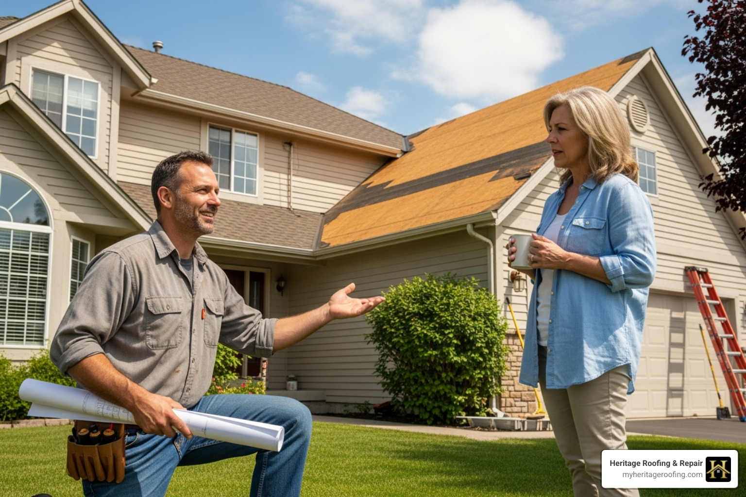 of a friendly roofer discussing a project with a homeowner. - local residential roofers of a friendly roofer discussing a project with a homeowner. - local residential roofers