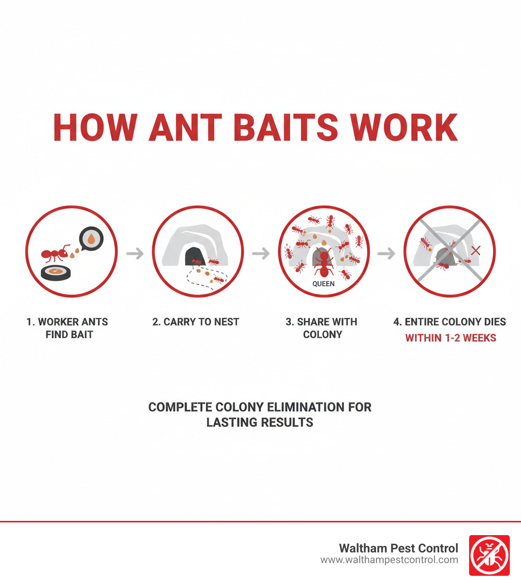 Infographic showing how ant baits work: worker ants find bait, carry it back to nest, share with colony including queen, entire colony dies within 1-2 weeks - best thing to kill ants in the house infographic 