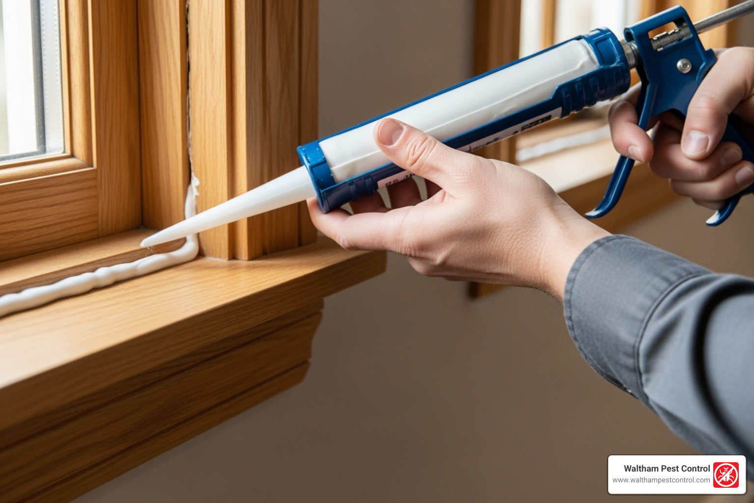 A person using caulk to seal a crack near a window - best thing to kill ants in the house