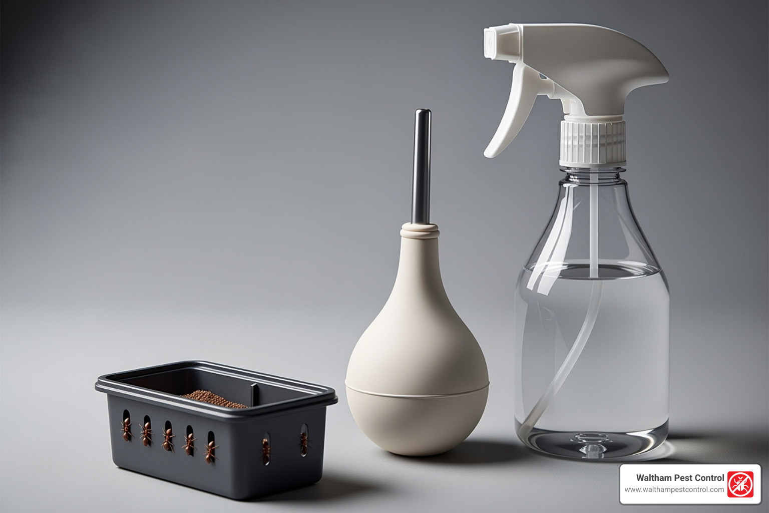 Unbranded ant control products: a bait station, a duster for powder, and a spray bottle - best thing to kill ants in the house