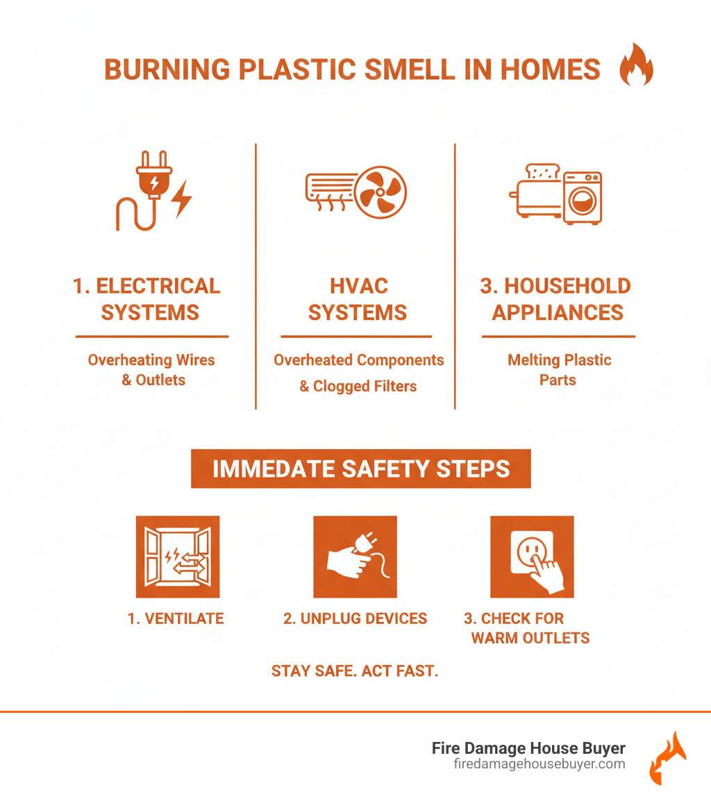 Infographic showing the three main sources of burning plastic smell in homes Infographic showing the three main sources of burning plastic smell in homes