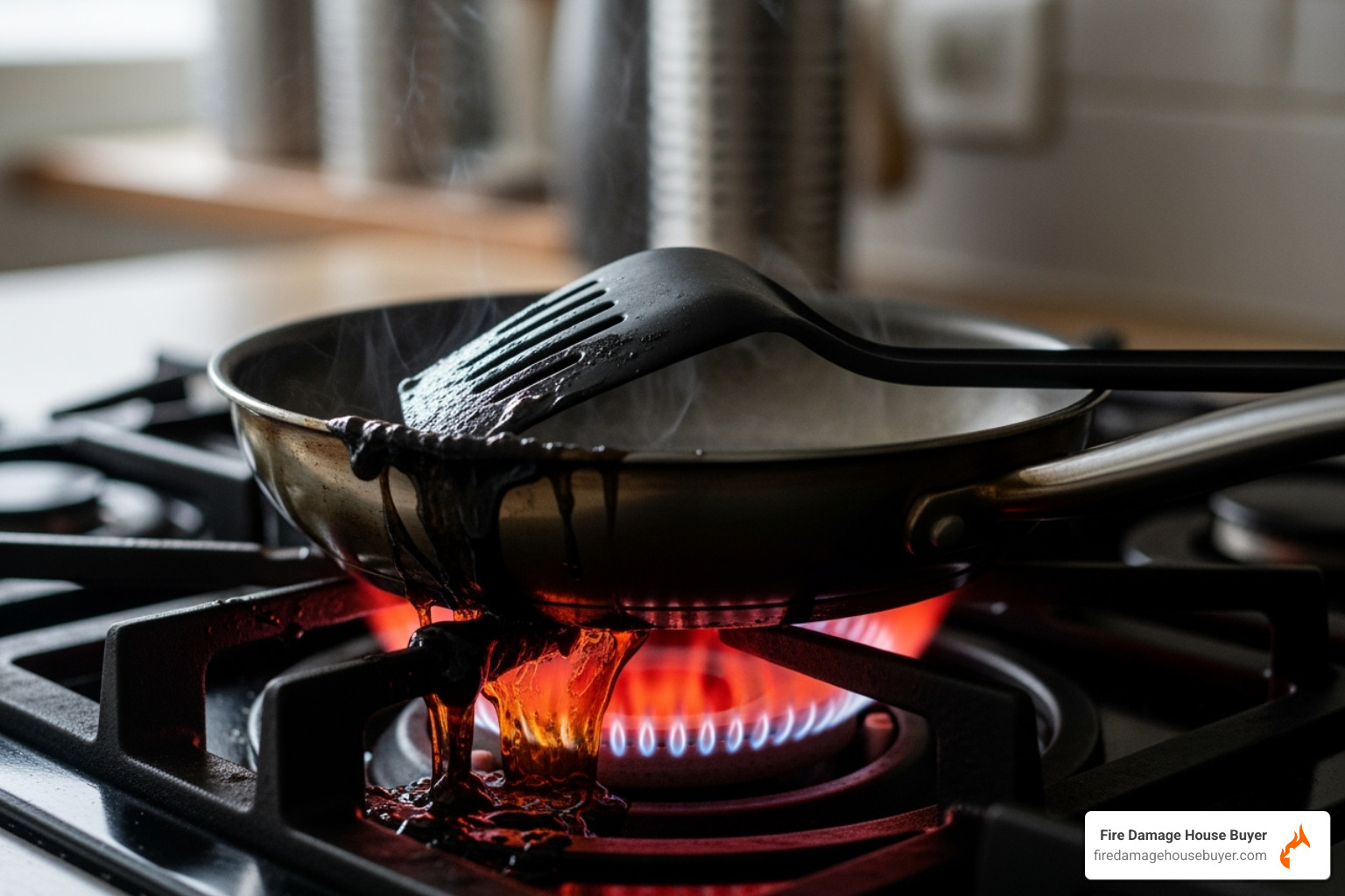 A melted plastic spatula resting on a hot stove burner - why does my house smell like burning plastic A melted plastic spatula resting on a hot stove burner - why does my house smell like burning plastic