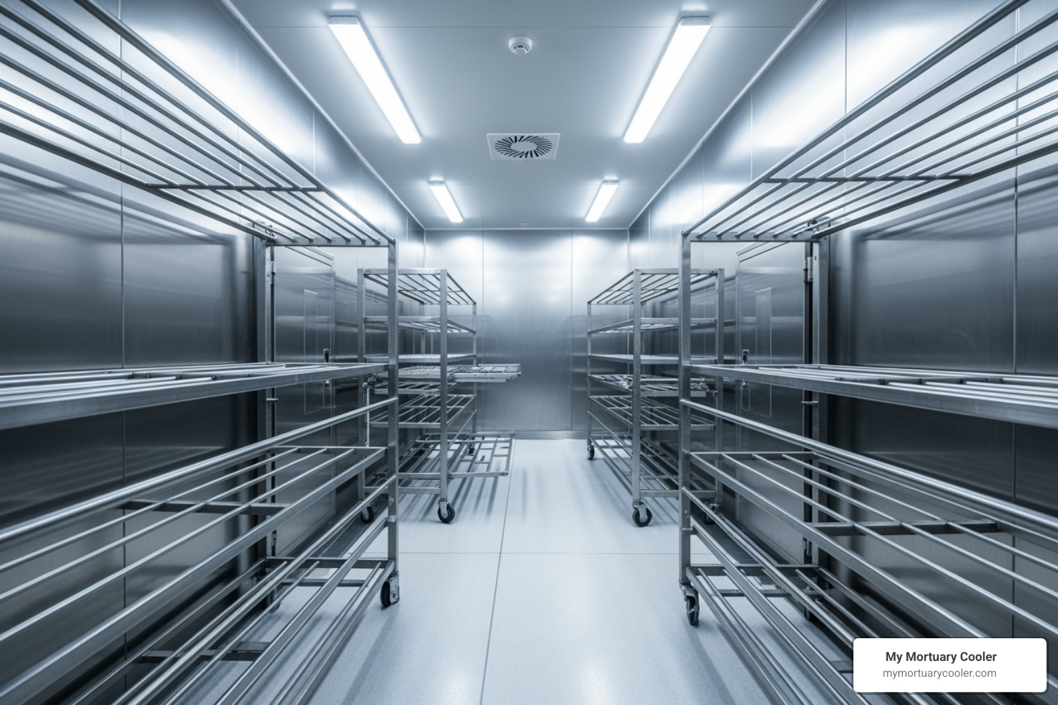 Interior of a morgue cooler showing stainless steel racks and hygienic surfaces - morgue freezer