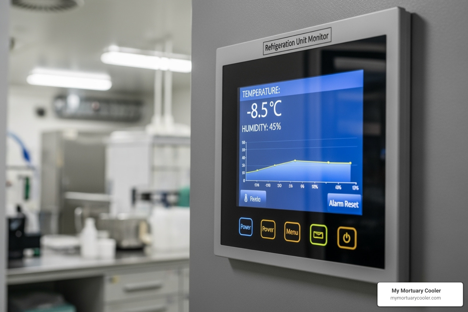 Digital control panel with remote monitoring display - morgue freezer