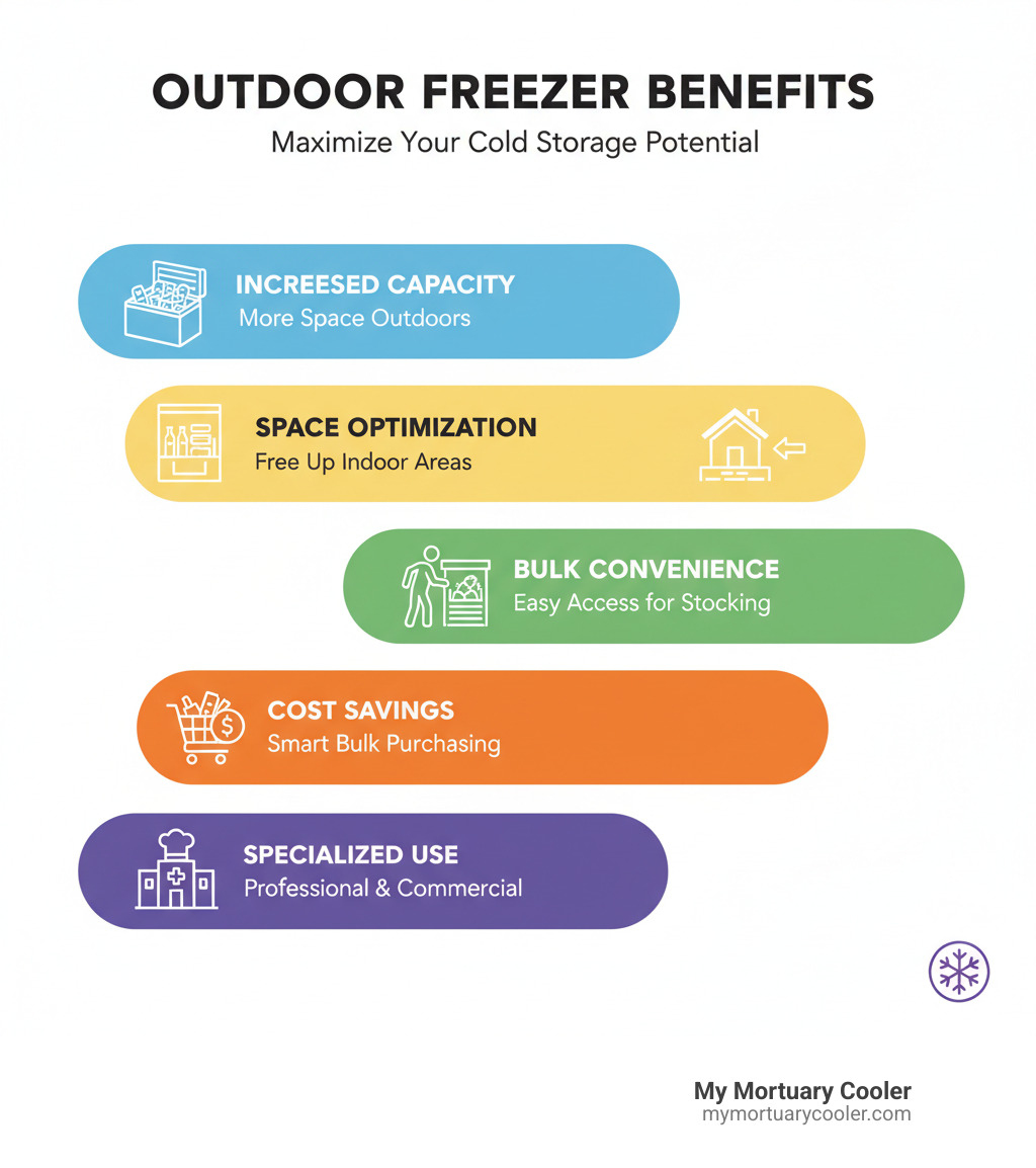 Benefits of outdoor freezer placement including increased storage capacity, space optimization, convenience for bulk storage, cost savings from bulk purchasing, and specialized applications for professional facilities - outdoor freezer infographic 