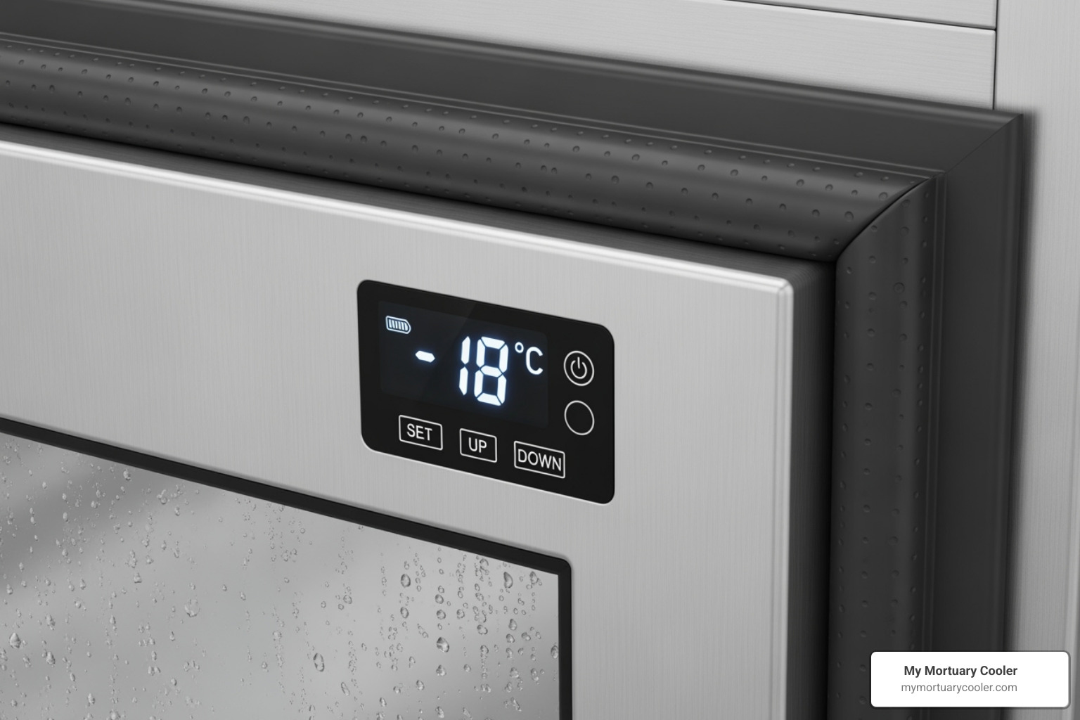 close-up of a digital thermostat and a weatherproof seal on a freezer door - outdoor freezer