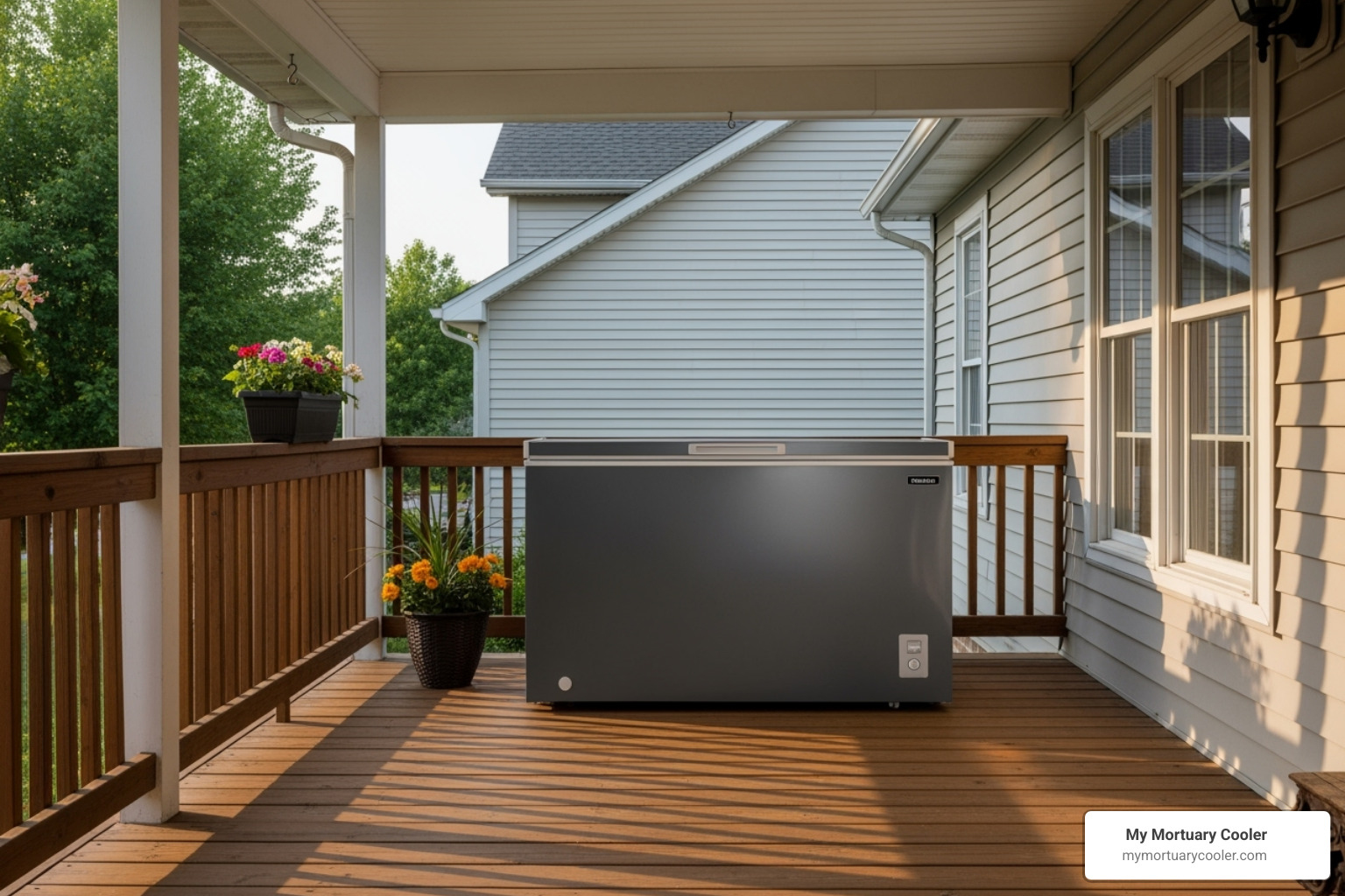outdoor freezer correctly placed on a covered porch with adequate ventilation space around it - outdoor freezer