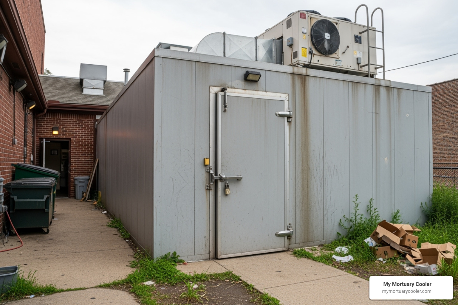 large, durable walk-in outdoor freezer unit behind a restaurant - outdoor freezer