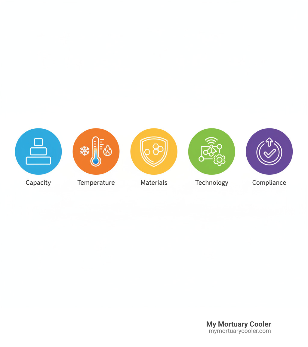 Key factors in selecting morgue refrigeration: Capacity, Temperature, Materials, Technology, and Compliance. - morgue freezer infographic 