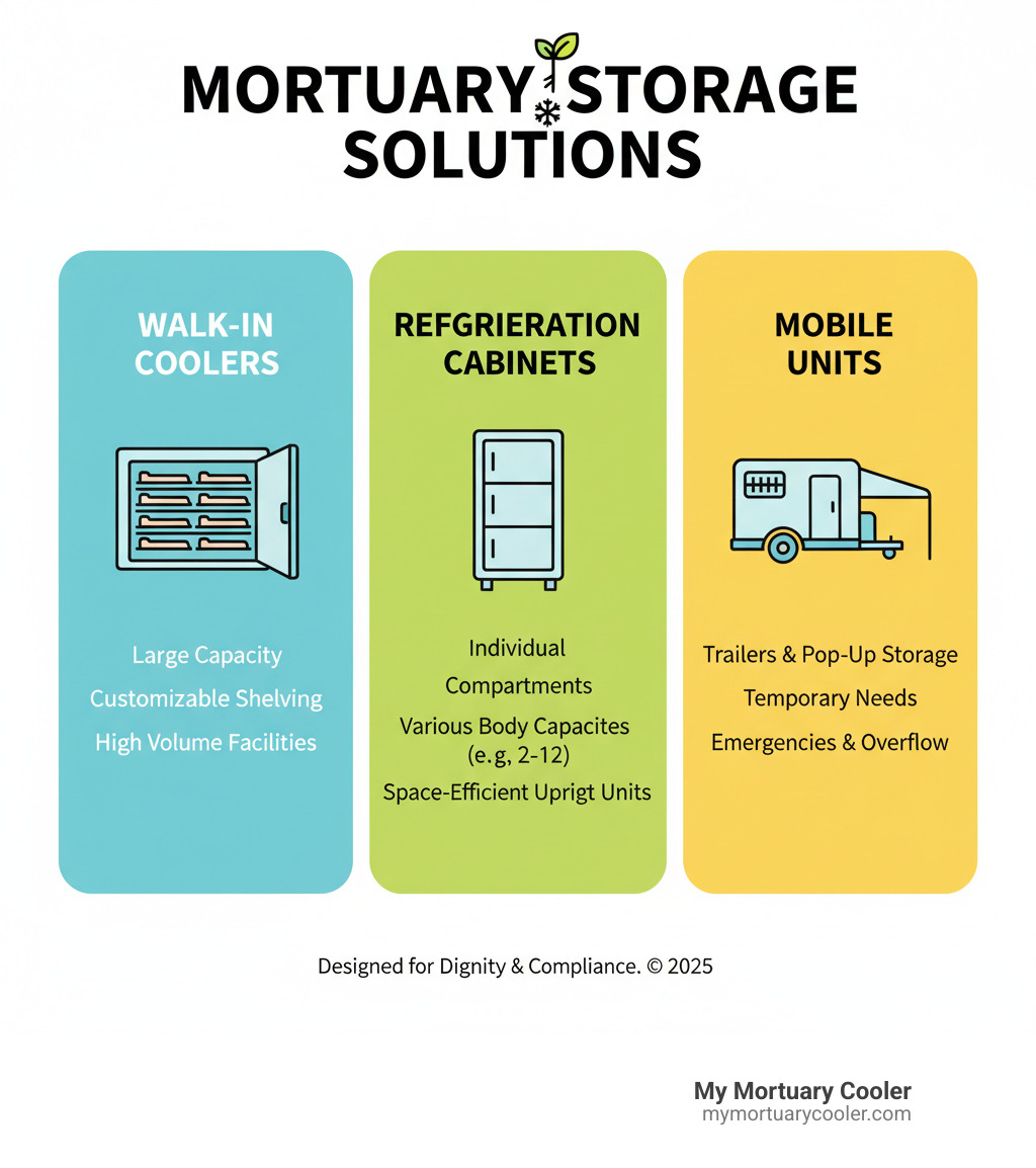 Comprehensive infographic showing the three main categories of mortuary storage solutions: walk-in coolers with large capacity and customizable shelving, refrigeration cabinets with individual compartments in various body capacities, and mobile units including trailers and pop-up storage for temporary needs - mortuary storage solutions infographic 