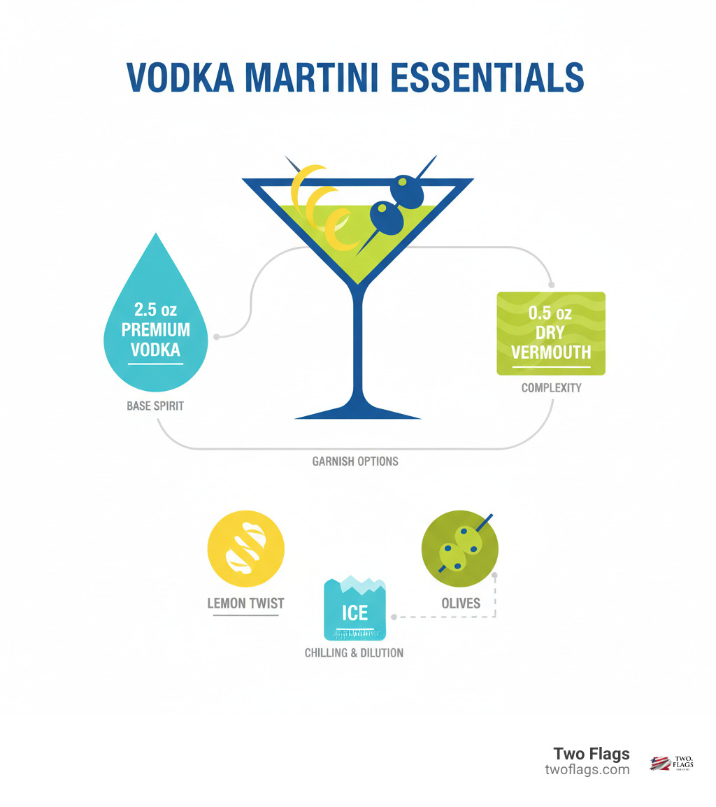 Infographic showing the basic components of a Vodka Martini: 2.5 oz premium vodka as the base, 0.5 oz dry vermouth for complexity, garnish options of lemon twist or olives, and ice for proper chilling and dilution during preparation - how many ounces of vodka are in a martini infographic 