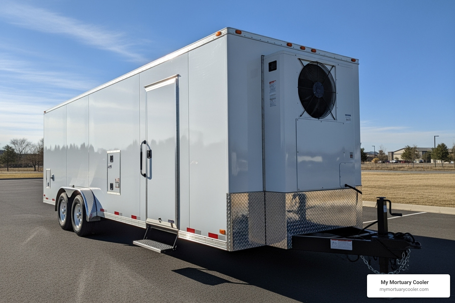 A mobile mortuary cooler trailer parked in an outdoor setting, ready for deployment - mortuary storage solutions