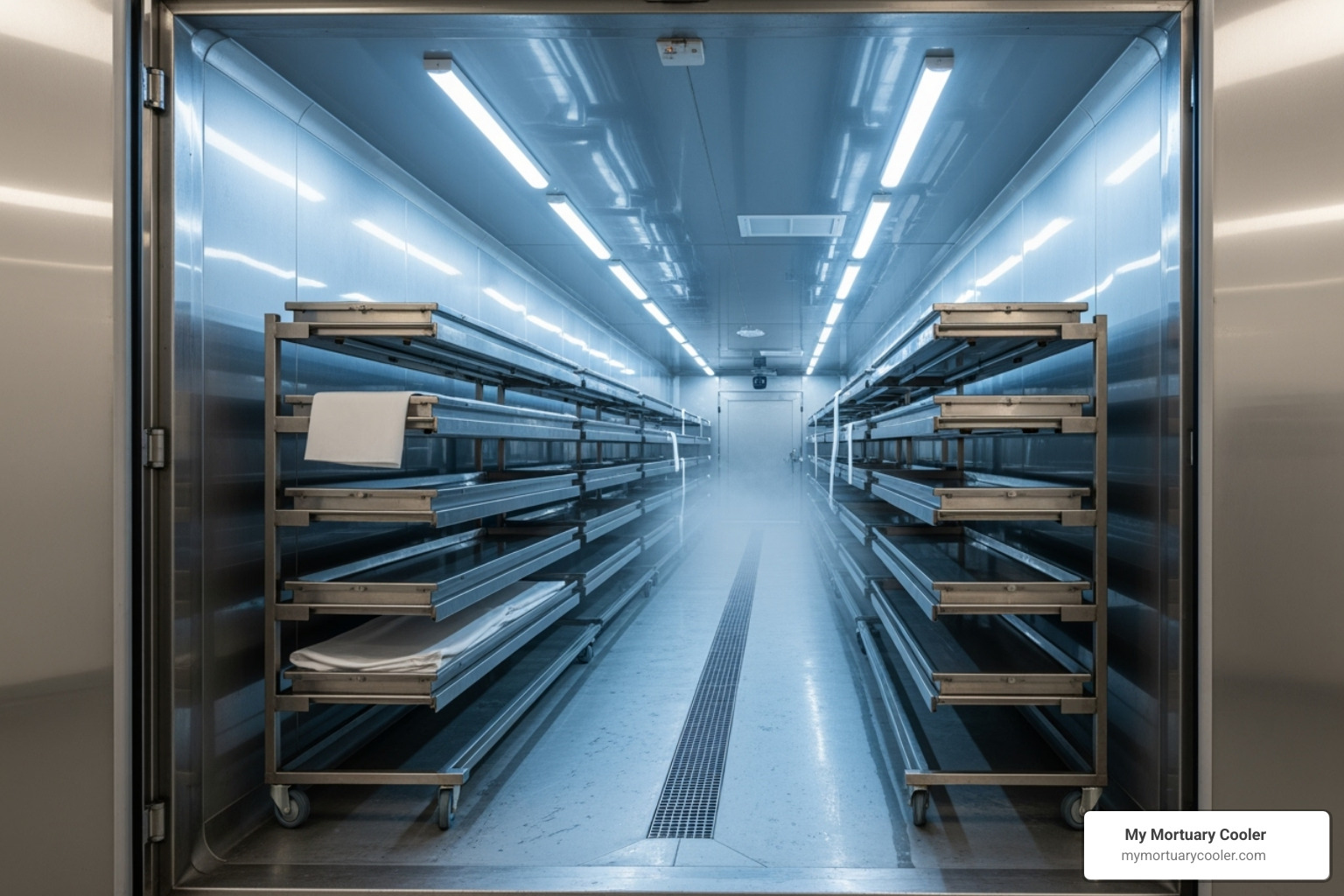 A large, well-lit walk-in mortuary cooler with multiple body trays on roller racks - mortuary storage solutions